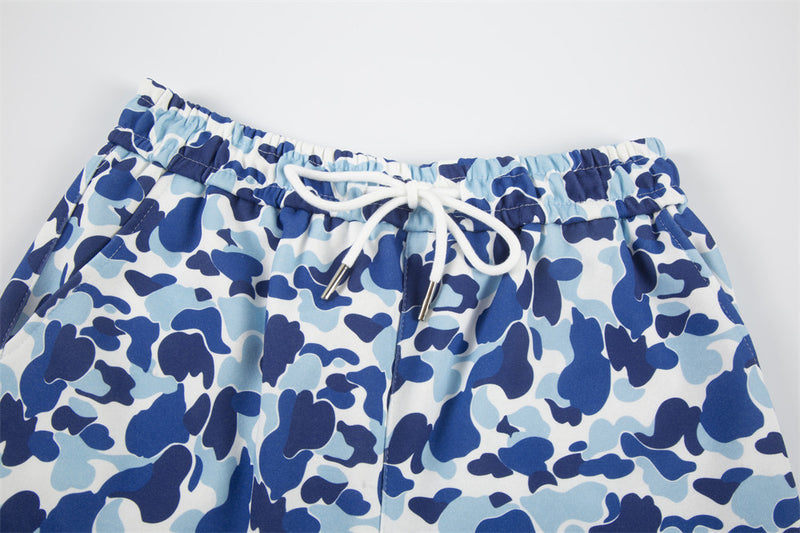 Camo Print Shorts Men Star Embroidery Elastic Waist Streetwear Basketball Shorts