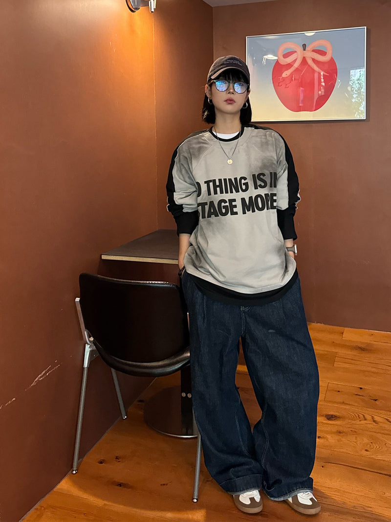 T-shirt graphique color-block à manches longues – Haut streetwear oversize bicolore délavé