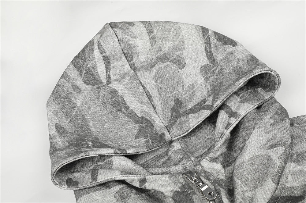 Punk Vintage Camo Zip-Up Hoodie Jacket with Military Buttons