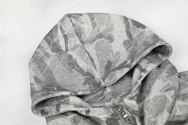 Punk Vintage Camo Zip-Up Hoodie Jacket with Military Buttons