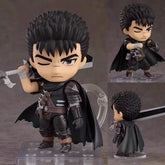 This Berserk Guts Nendoroid Action Figure features a chibi-style warrior with spiky black hair, dark armor, and a stern expression. It includes movable joints and faceplates while clutching a large sword; perfect for any collection. Enjoy front, side, and back views on a clear stand.