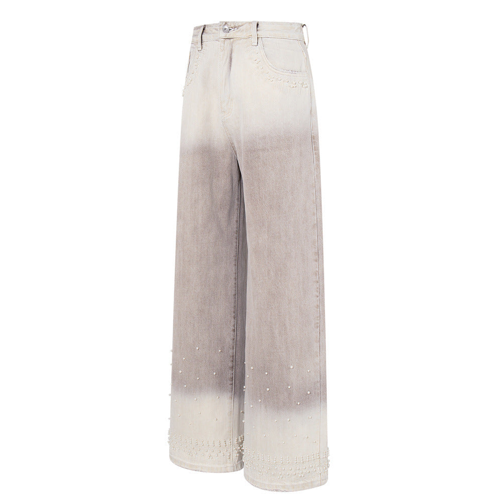 Wide-Leg Jeans – Gradient Tie-Dye Wash with Pearl Bead Embellishments