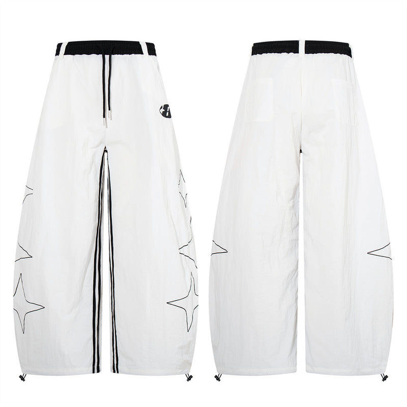 Wide-Leg Parachute Pants with Star Print & Drawstring Hem
