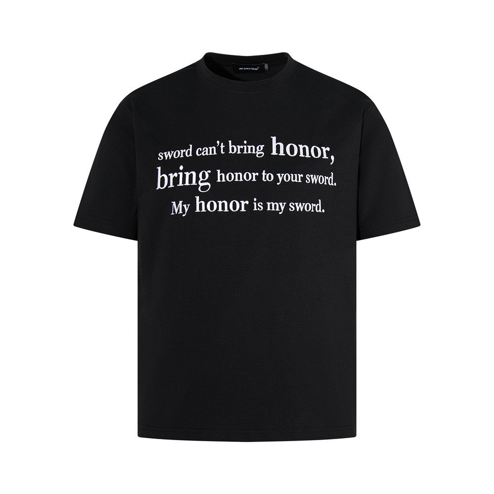 Oversized black graphic t-shirt with 'My Honor Is My Sword' text print on chest, streetwear style