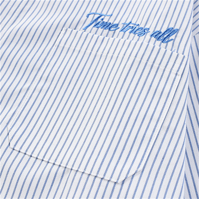 Men's Vertical Stripe Oversized Long-Sleeve Shirt with Embroidered Script