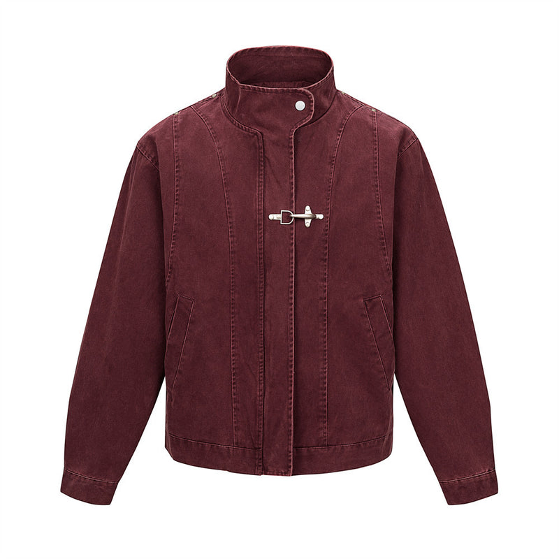 Men's Washed Denim Stand Collar Jacket with Metal Clasp