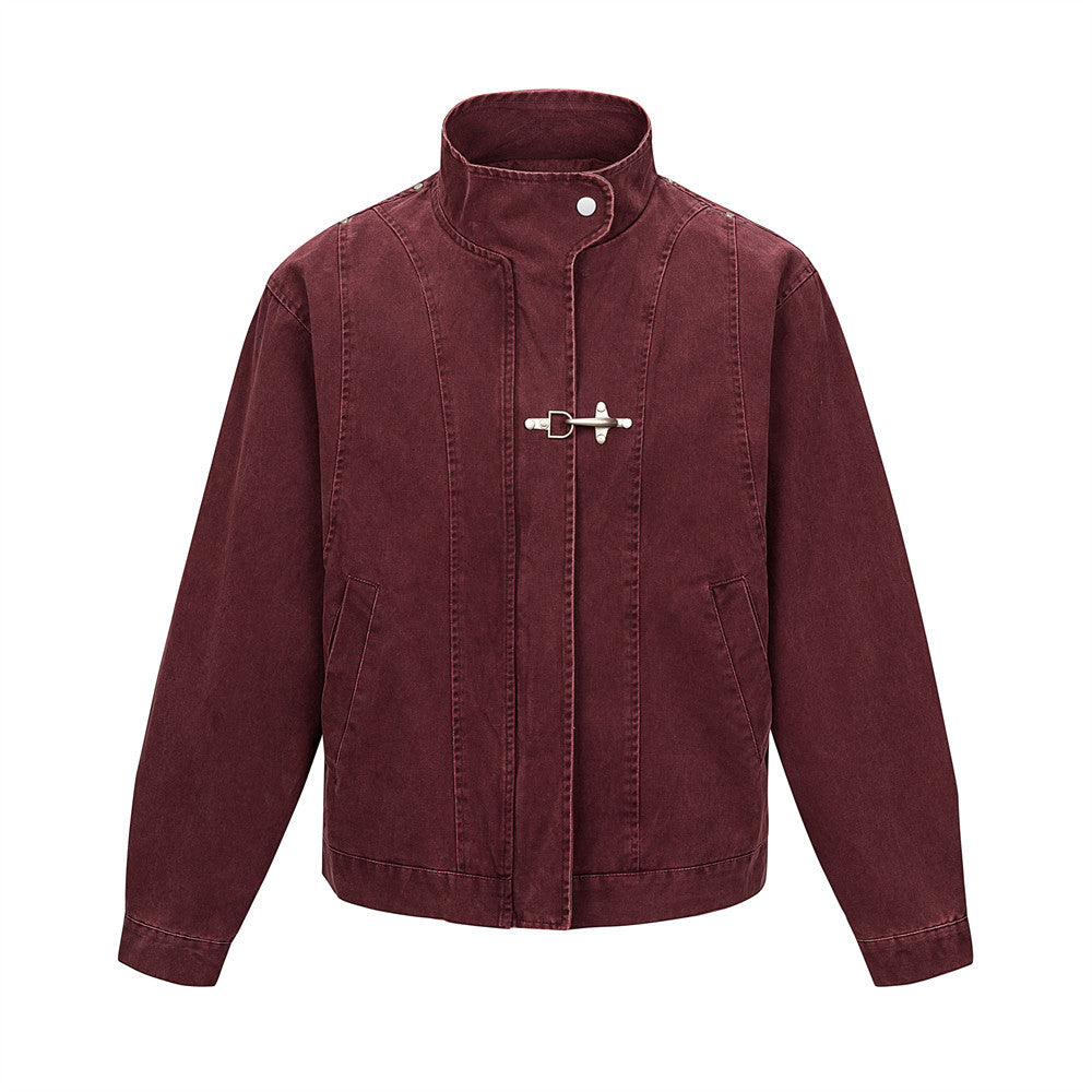 Men's Washed Denim Stand Collar Jacket with Metal Clasp
