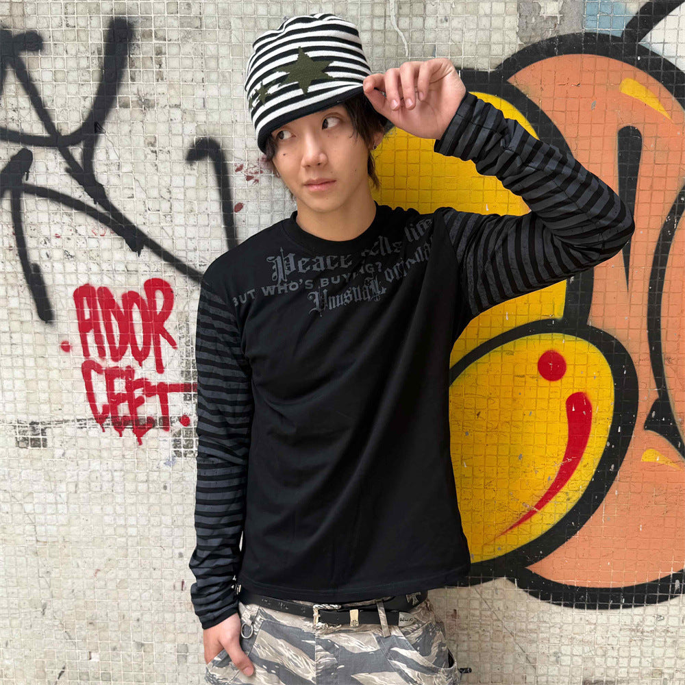 Men's Gothic Letter Print Long-Sleeve Tee with Striped Sleeve Splice