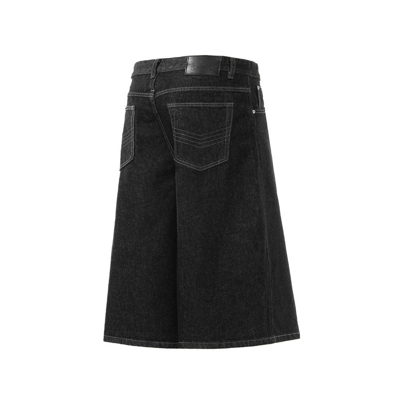 Black Denim Wide-Leg Shorts with Diagonal Button Placket