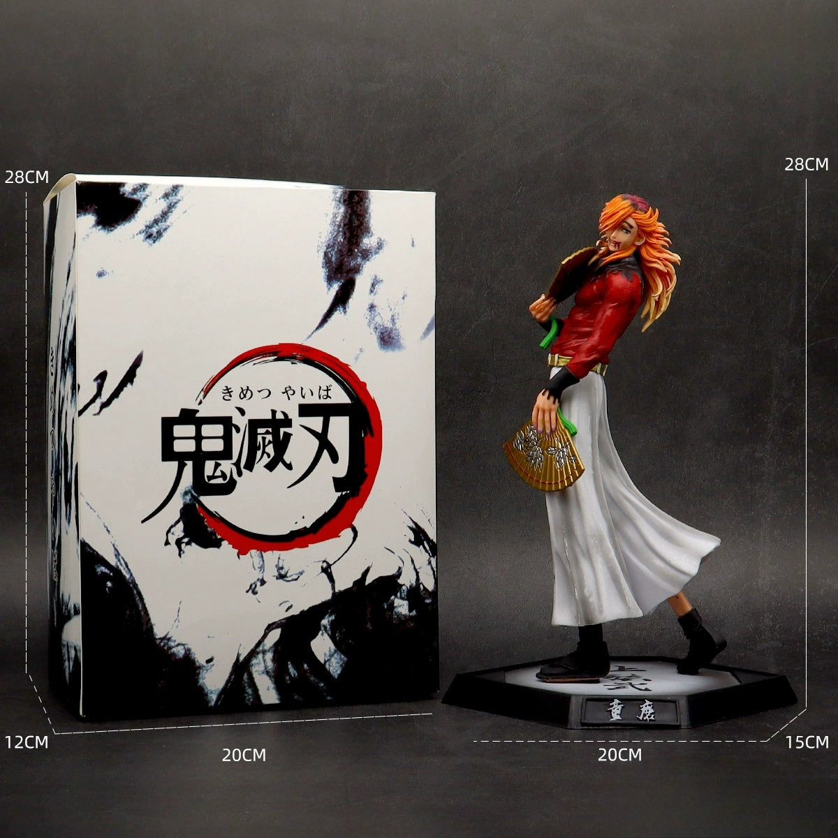 The Tengen Uzui Demon Slayer Figure, a 28CM PVC action figure by Demon Slayer, features an anime character in a white skirt and red jacket holding a fan. It&