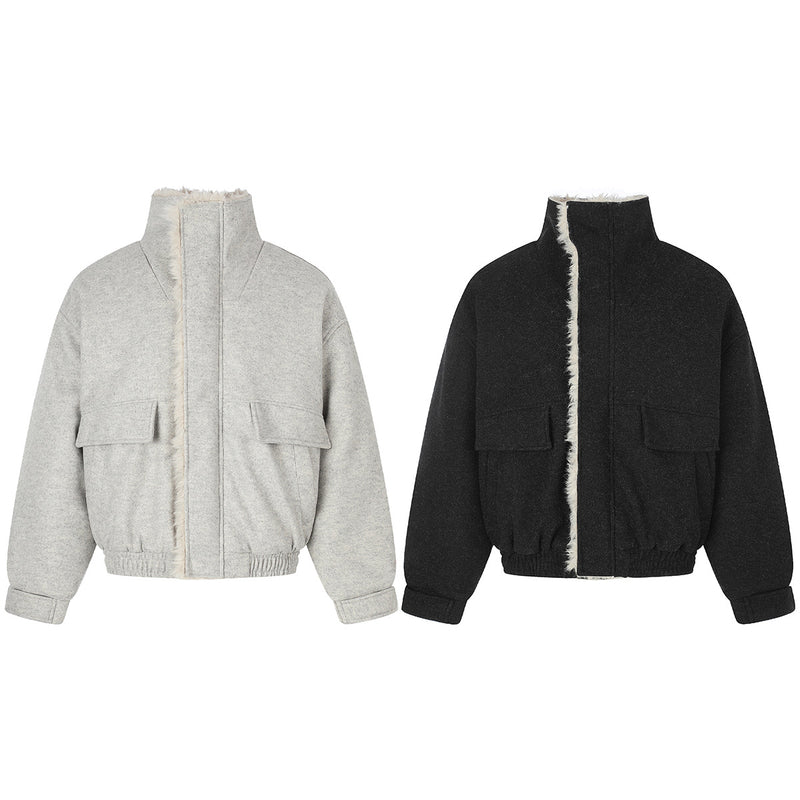 Wool-Blend Bomber Jacket with Sherpa Lining and Fleece Collar Trim