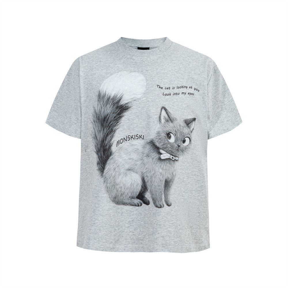 Monskiski Cat Graphic Crew Neck T-Shirt – 3D Sketch Print Short Sleeve Tee