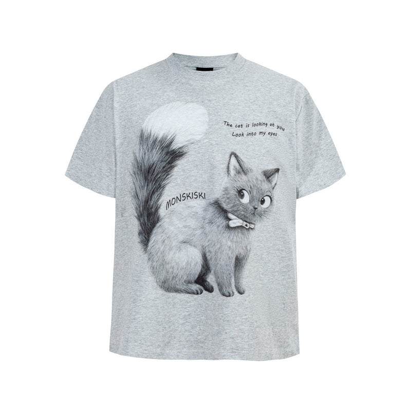 Monskiski Cat Graphic Crew Neck T-Shirt – 3D Sketch Print Short Sleeve Tee