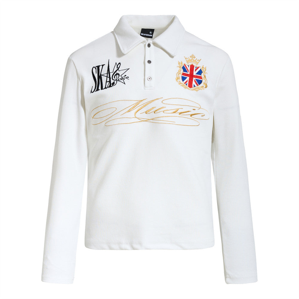 Men's Long-Sleeve Polo Shirt with Embroidered Music Badge & Union Jack Crest
