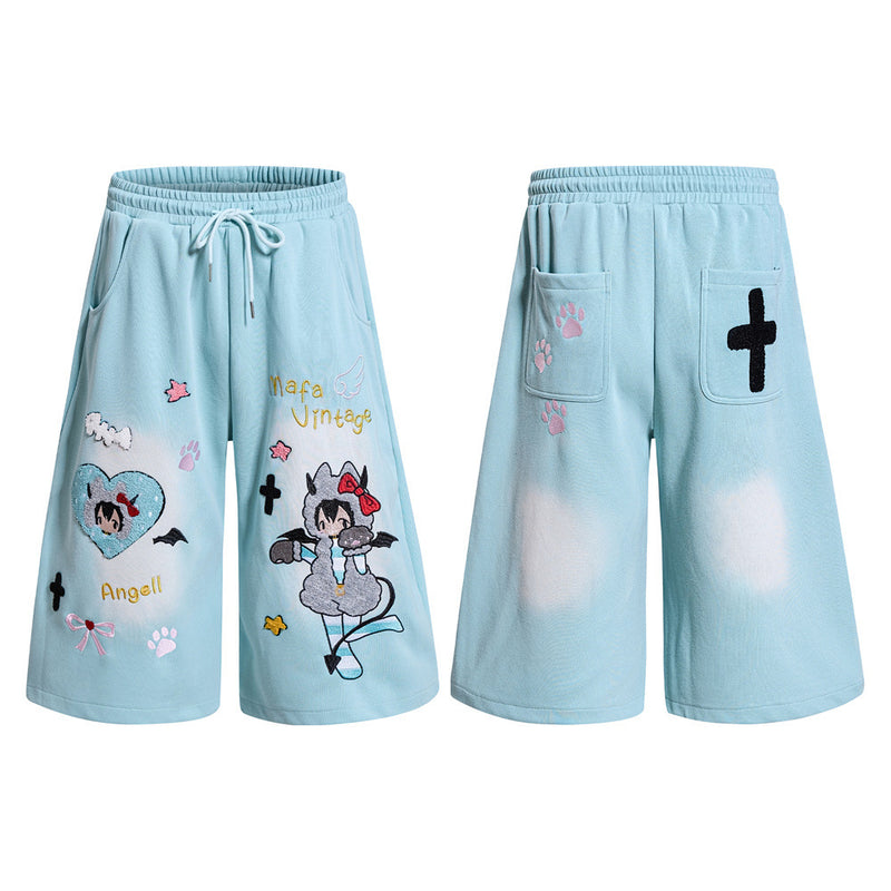 Anime Embroidered Wide-Leg Shorts – Kawaii Devil Angel Graphic Streetwear
