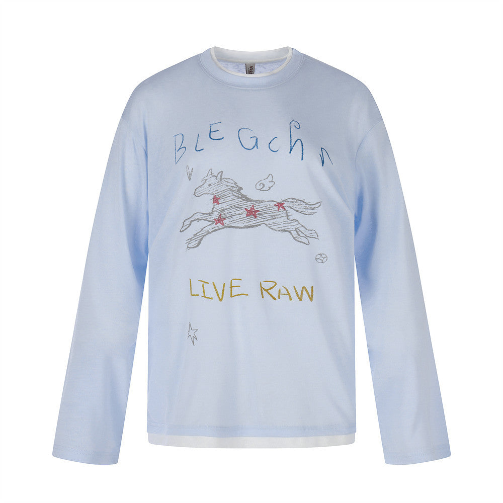 Light blue long sleeve tee with running horse graphic and handwritten text on front