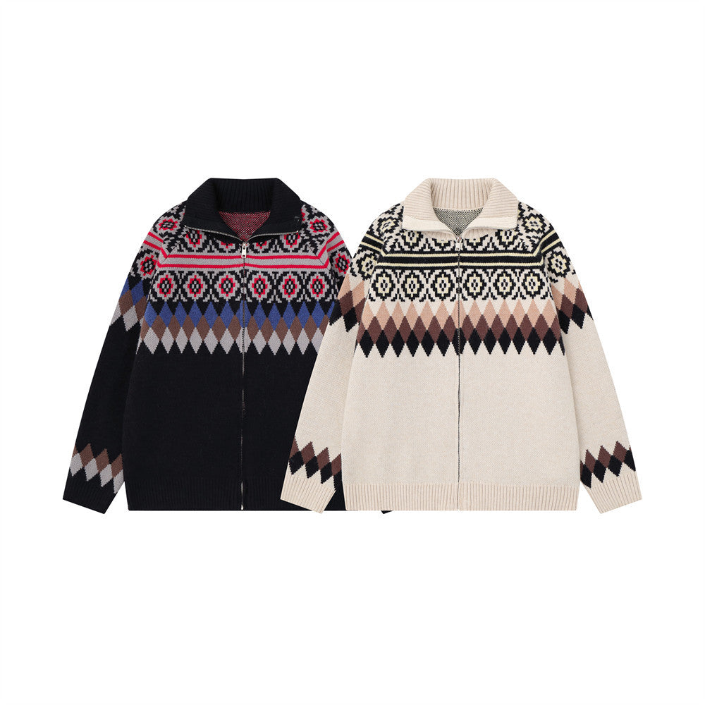 Men's Ethnic Jacquard Zip-Up Knit Cardigan Sweater – Argyle & Floral Pattern
