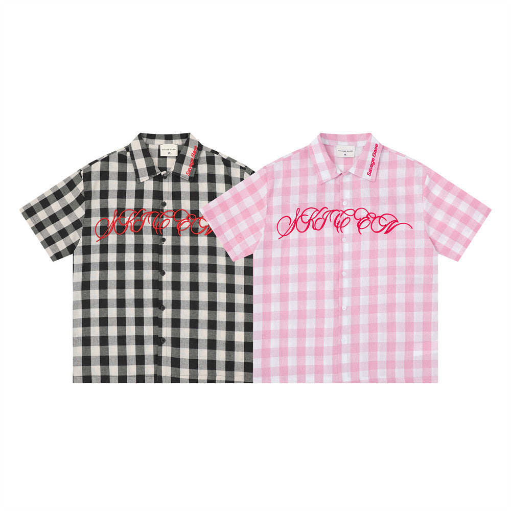 Oversized Gingham Check Short Sleeve Shirt with Embroidered Script Logo