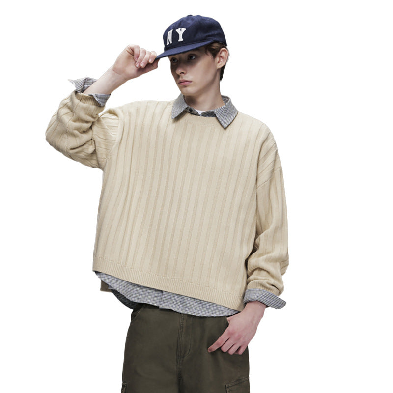 Ribbed Knit Crewneck Sweater — Oversized Fit, Solid Color
