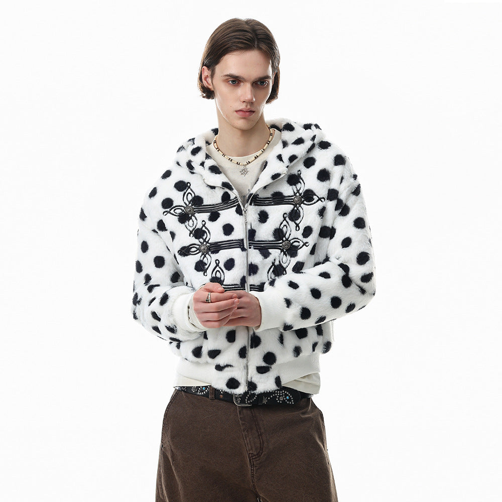 Polka Dot Faux Mink Hooded Zip Jacket – Oversized Streetwear Coat with Ornate