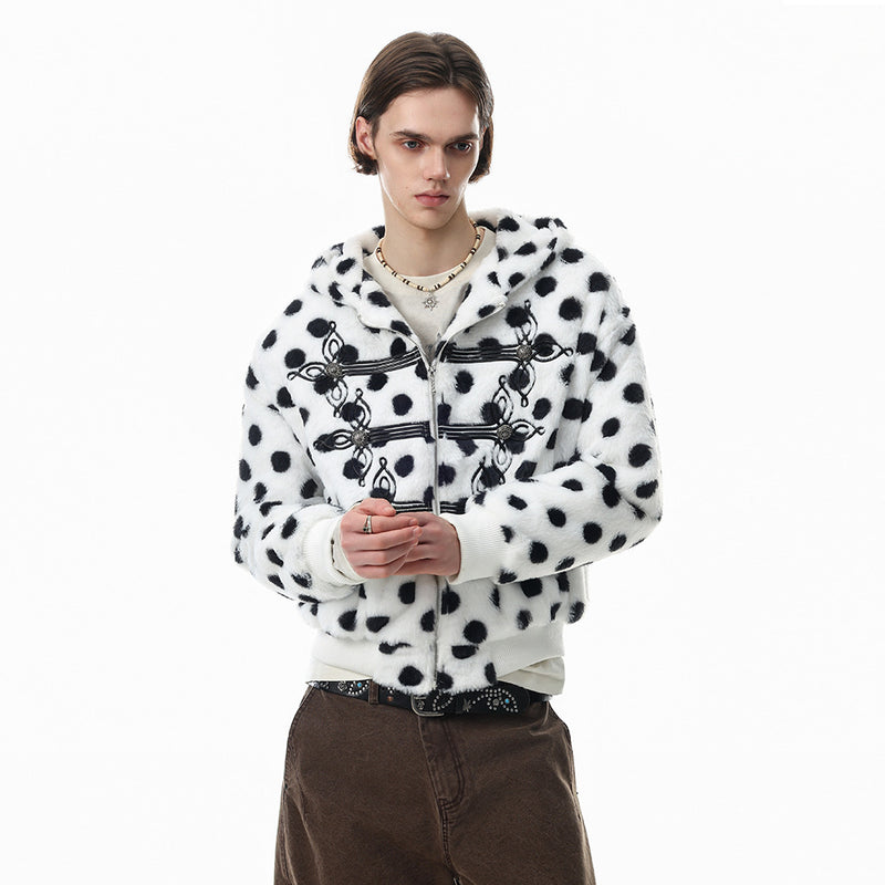 Polka Dot Faux Mink Hooded Zip Jacket – Oversized Streetwear Coat with Ornate