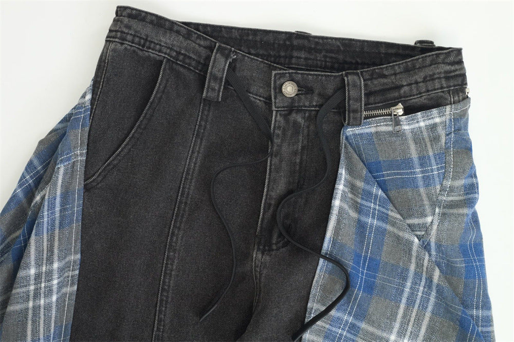 Wide-Leg Jeans with Detachable Plaid Skirt Overlay — Deconstructed Punk
