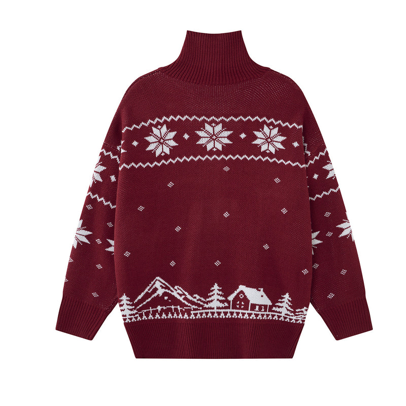 Christmas Reindeer Snowflake Knit Cardigan Sweater – Turtleneck Button-Front