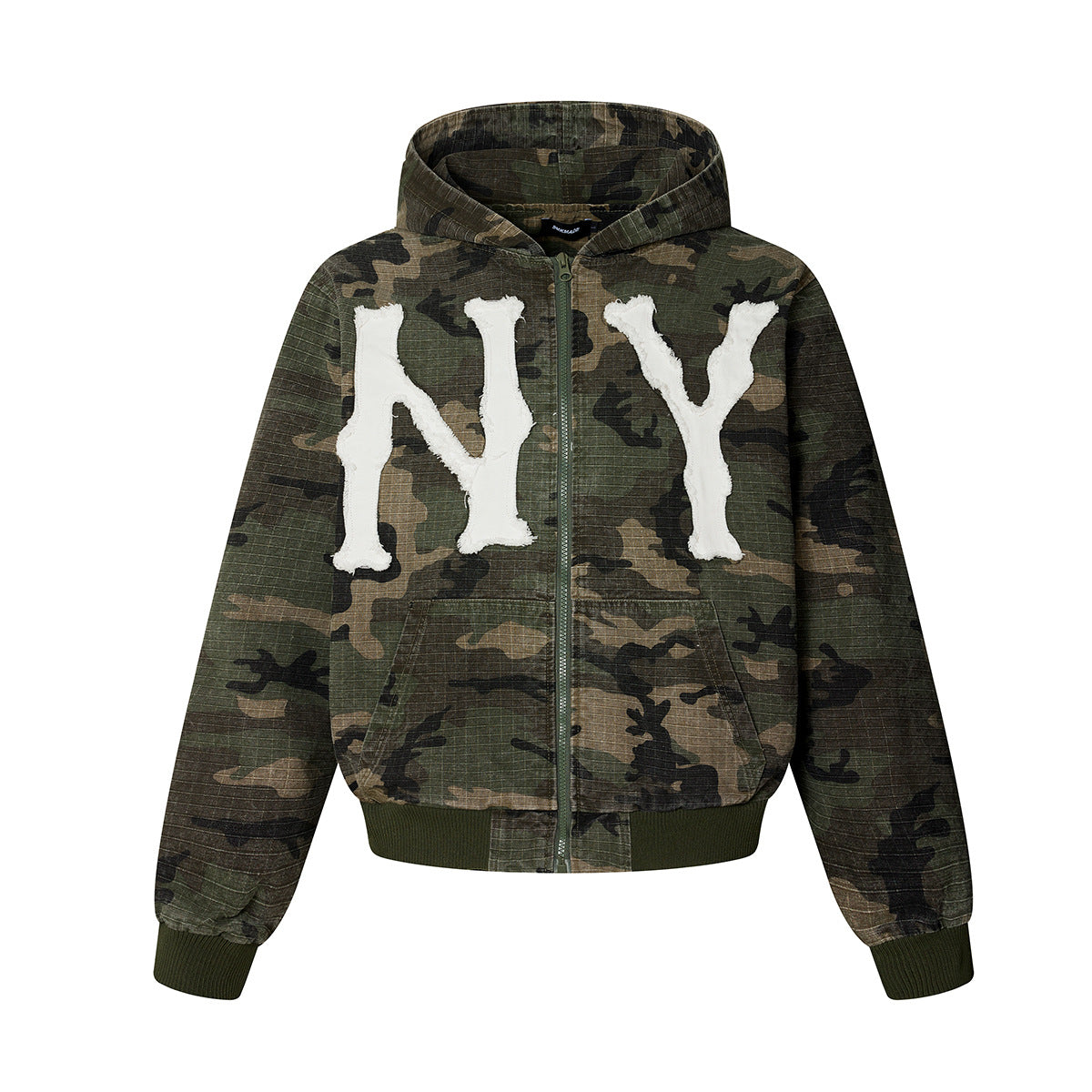 Camo NY Zip-Up Hoodie Jacket with Chenille Patch Letters