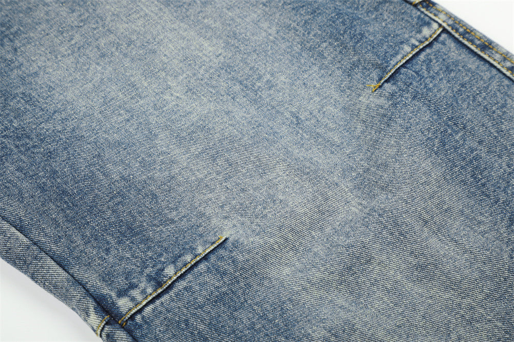 Wide-Leg Baggy Jeans with Cross Pocket Embroidery & Washed Distressed Finish