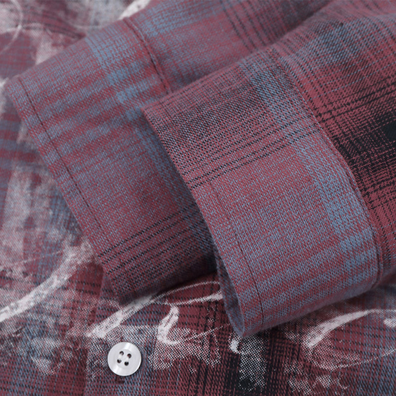 Oversized Button-Up Shirt Plaid Graffiti Print Long Sleeve