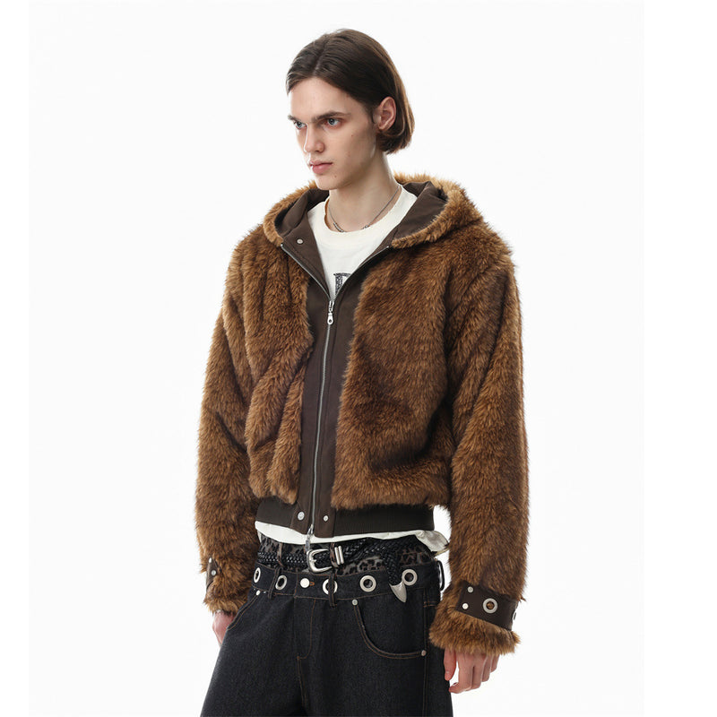Faux Fur Hooded Bomber Jacket – Brown Short-Cut Zip-Up with PU Leather Trim