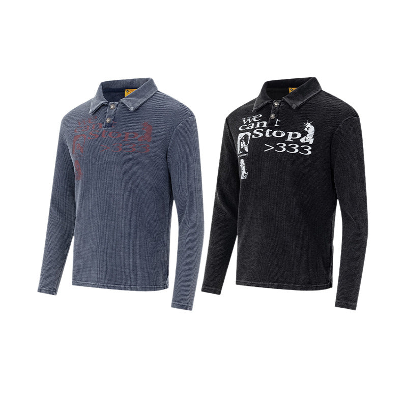 Polo manches longues – T-shirt graphique de créateur en maille gaufrée délavée