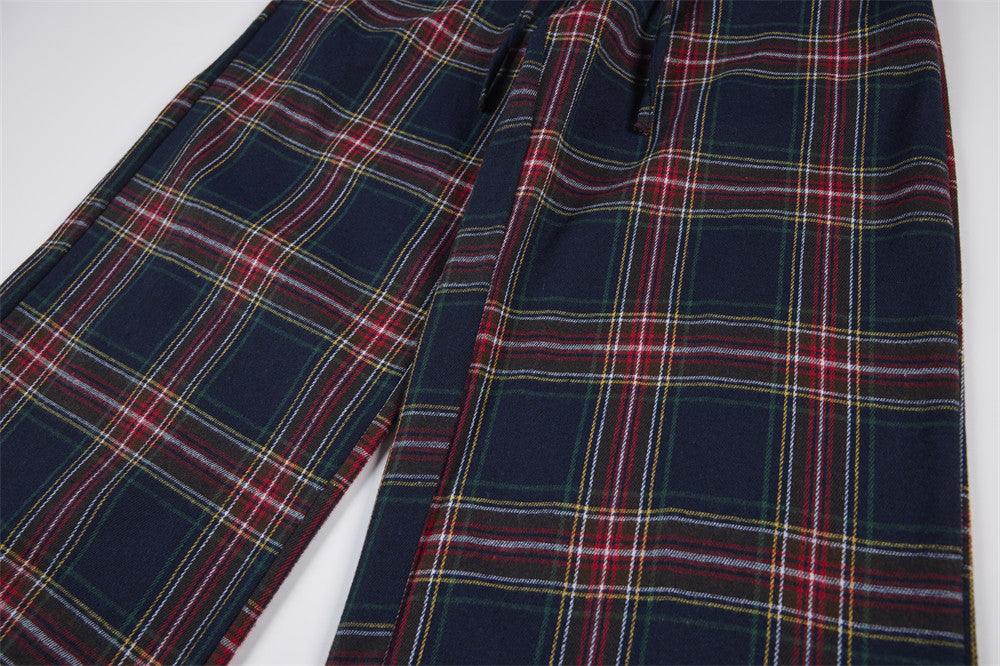 Pantalon à carreaux à jambes larges – Pantalon décontracté à cordon de serrage