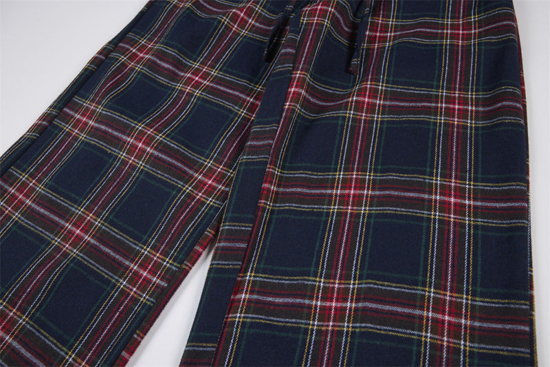 Pantalon à carreaux à jambes larges – Pantalon décontracté à cordon de serrage