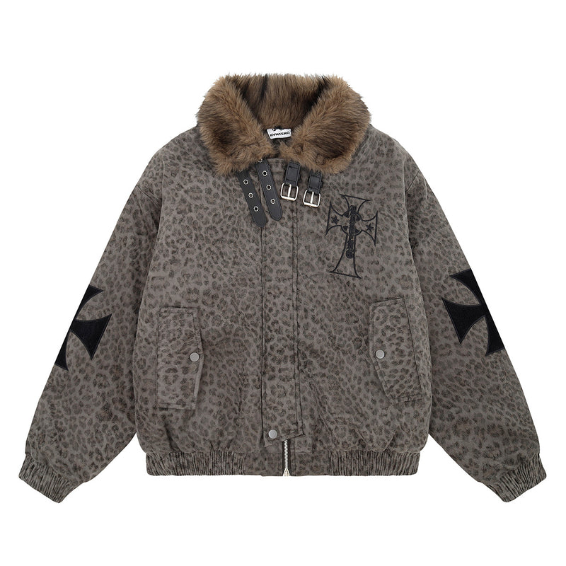 Leopard Print Fur Collar Bomber Jacket with Quilted Lining
