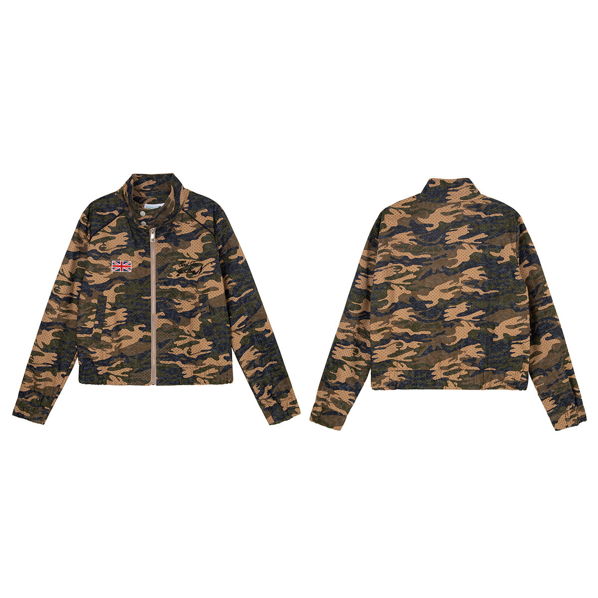 Veste zippée camouflage – Col montant, écusson Union Jack, coupe cropped