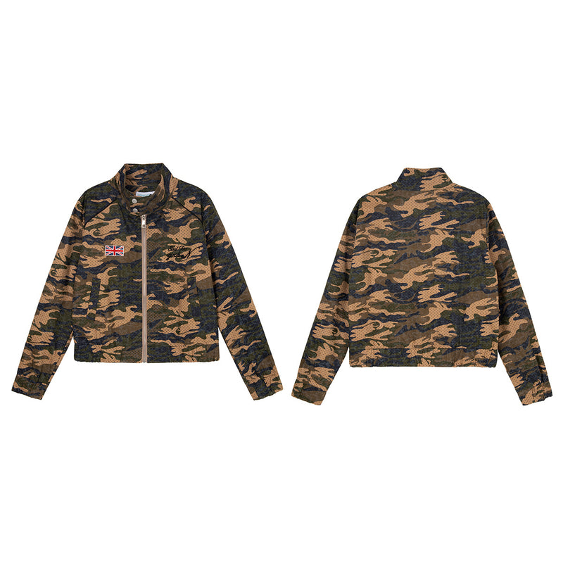 Veste zippée camouflage – Col montant, écusson Union Jack, coupe cropped