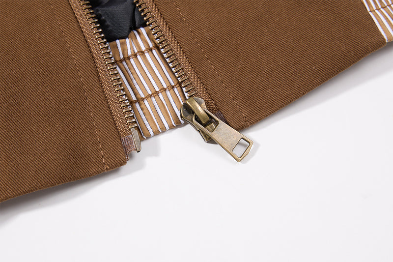 Retro Colorblock-Zip-Jacke – Bomberjacke in Braun mit gestreiftem Einsatz
