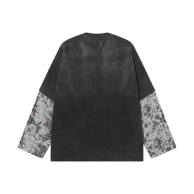 Chemise homme noire délavée à manches longues – Motif racing et manches à carreaux superposées
