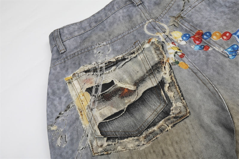 Wide-Leg Distressed Jeans – Digital Print Charms & Ripped Washed Denim