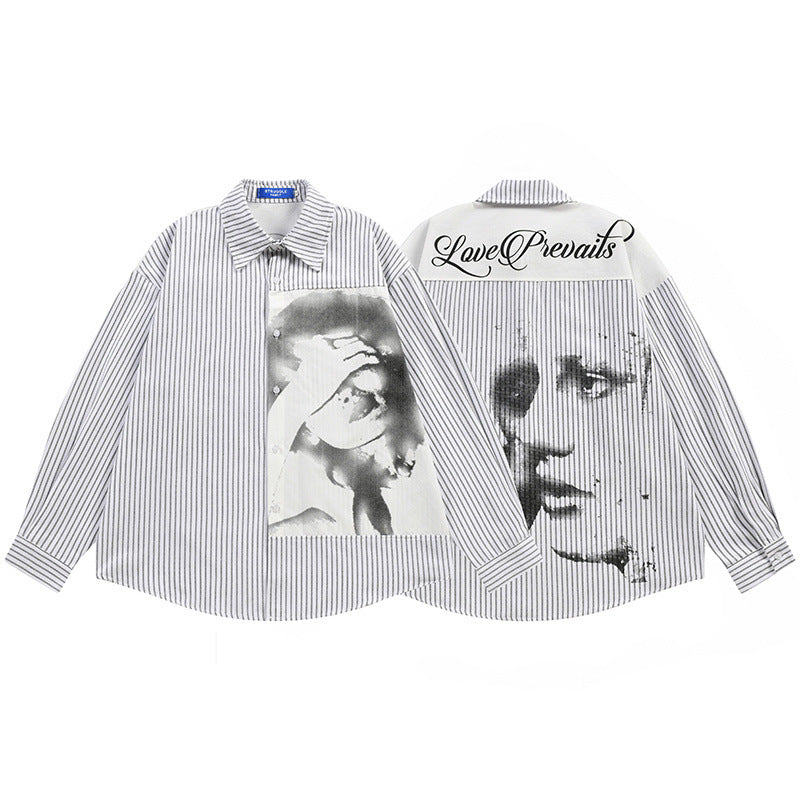 Vertical Stripe Oversized Long Sleeve Shirt with Dark Face Graphic Print