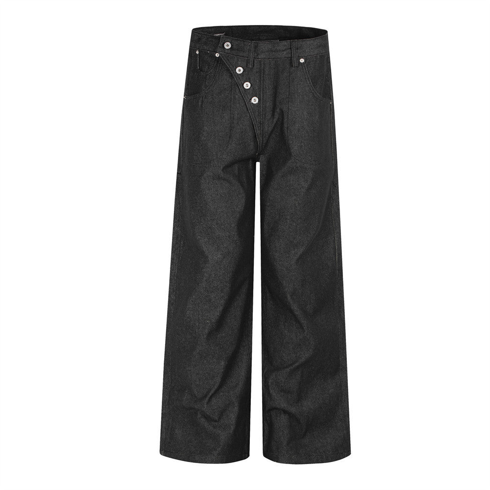Jeans mit weitem Bein aus schwarzem Raw Denim und diagonalem asymmetrischem Knopfverschluss, Vorder- und Rückansicht