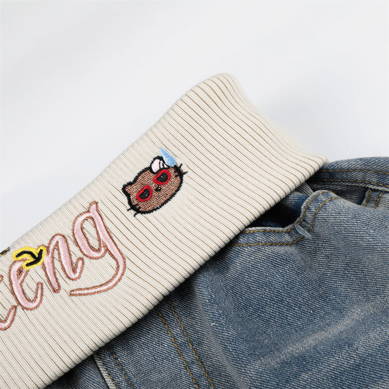 American Vintage Washed Cargo Wide-Leg Jeans with Ribbed Waistband