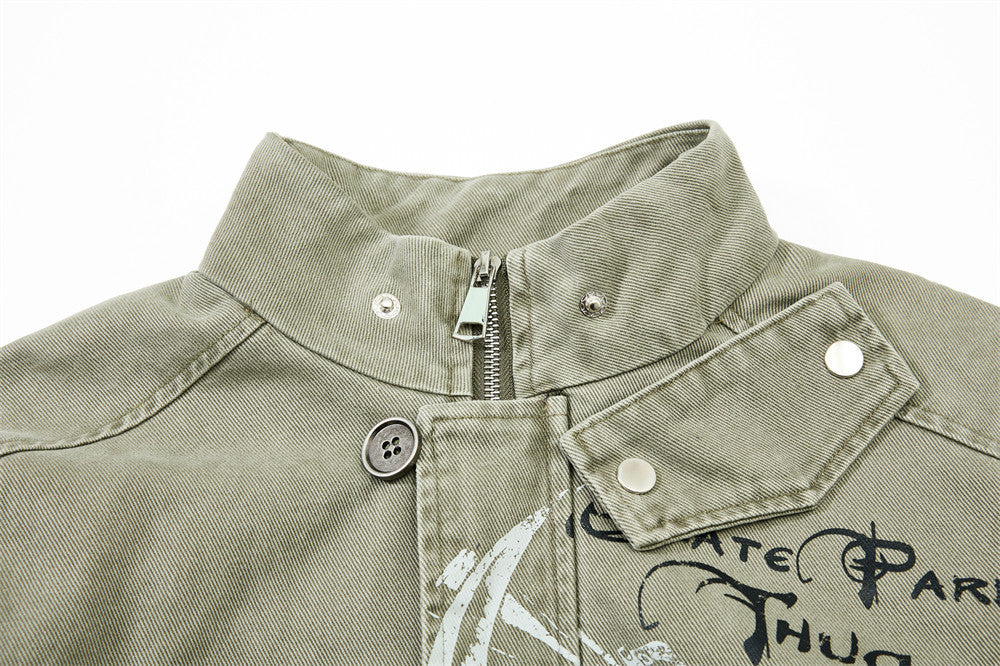 Men's Canvas Work Jacket – Vintage Punk Distressed Stand Collar with Scythe