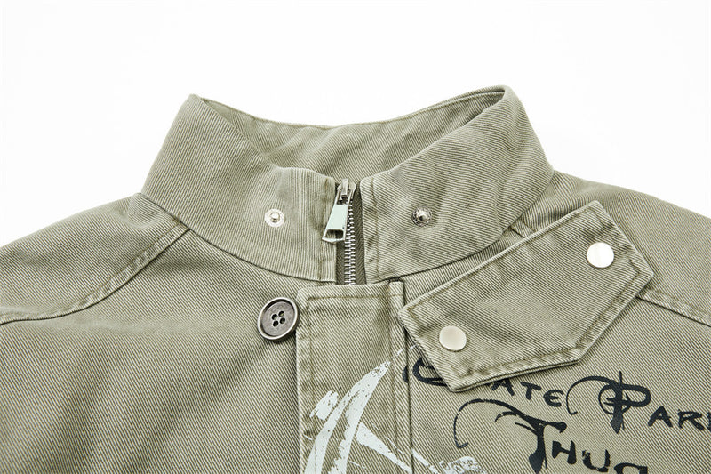 Men's Canvas Work Jacket – Vintage Punk Distressed Stand Collar with Scythe