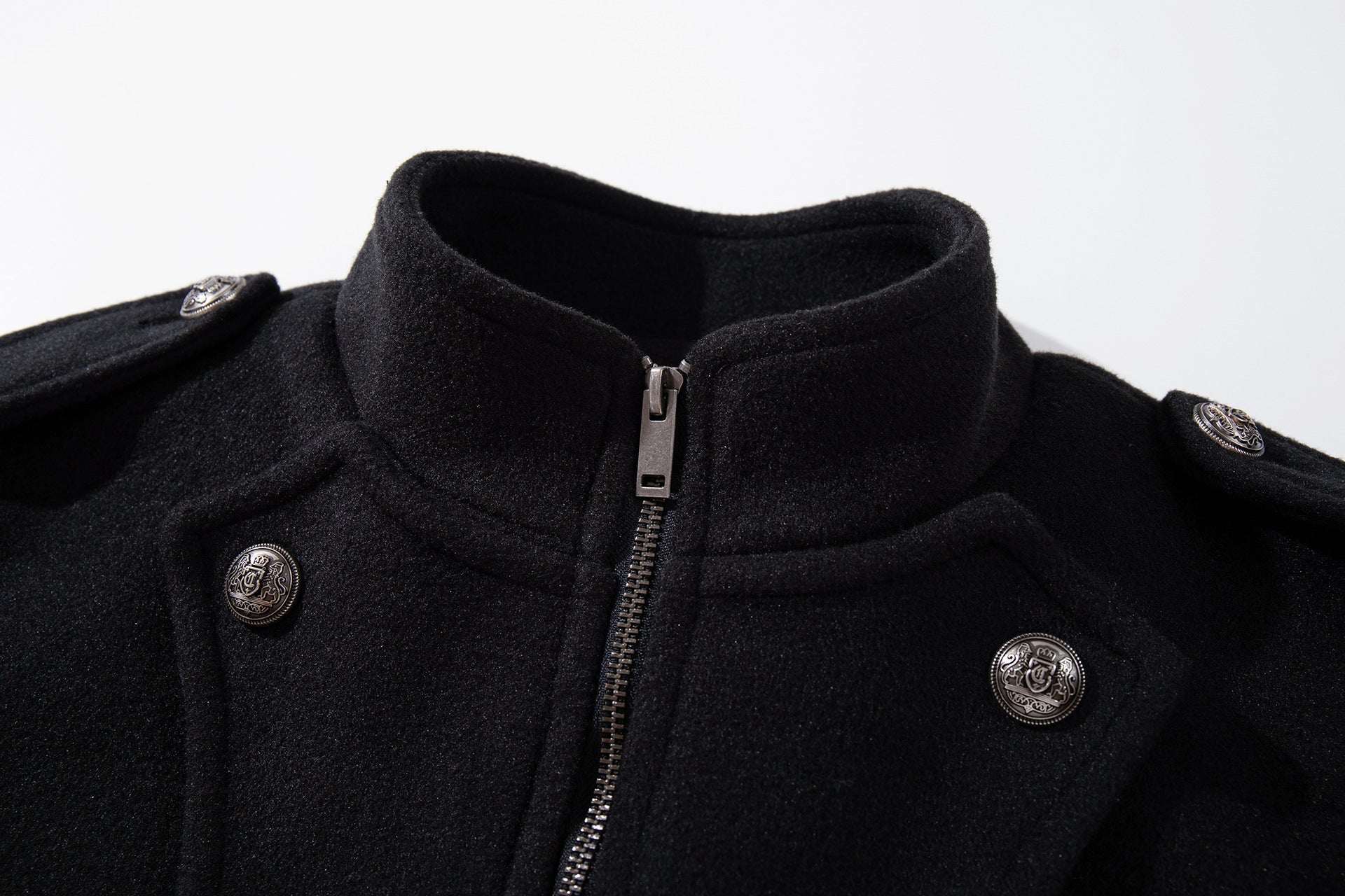 Veste militaire en laine pour homme – Noire, croisée, col montant et coupe courte