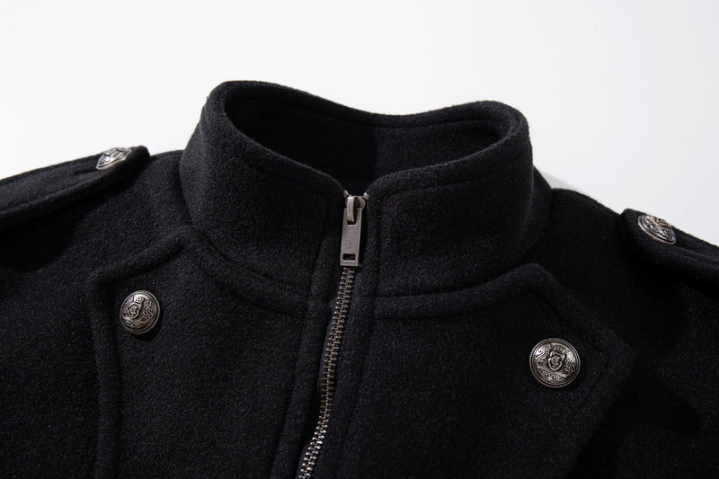 Veste militaire en laine pour homme – Noire, croisée, col montant et coupe courte
