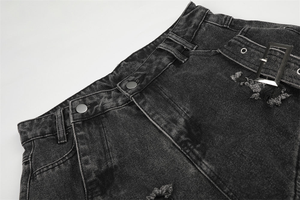 Deconstructed Cargo Denim Shorts – Multi-Pocket Punk Distressed Wide Leg