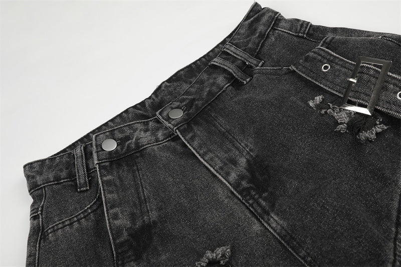 Deconstructed Cargo Denim Shorts – Multi-Pocket Punk Distressed Wide Leg