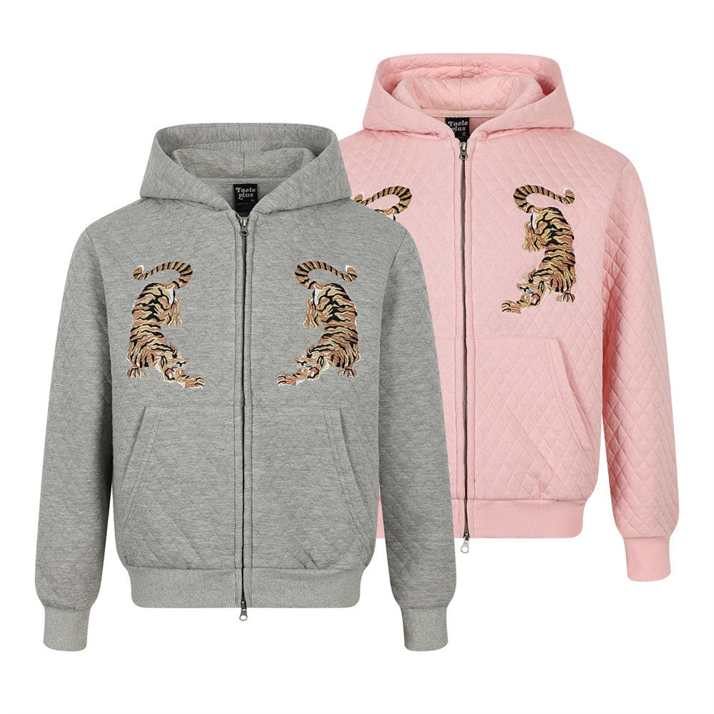 Tiger Embroidery Quilted Zip-Up Hoodie – Oversized Streetwear Sweatshirt